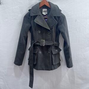 Hydraulic Women's Double Breasted‎ Gray Pea Coat w/Belt Size Small Y2K
